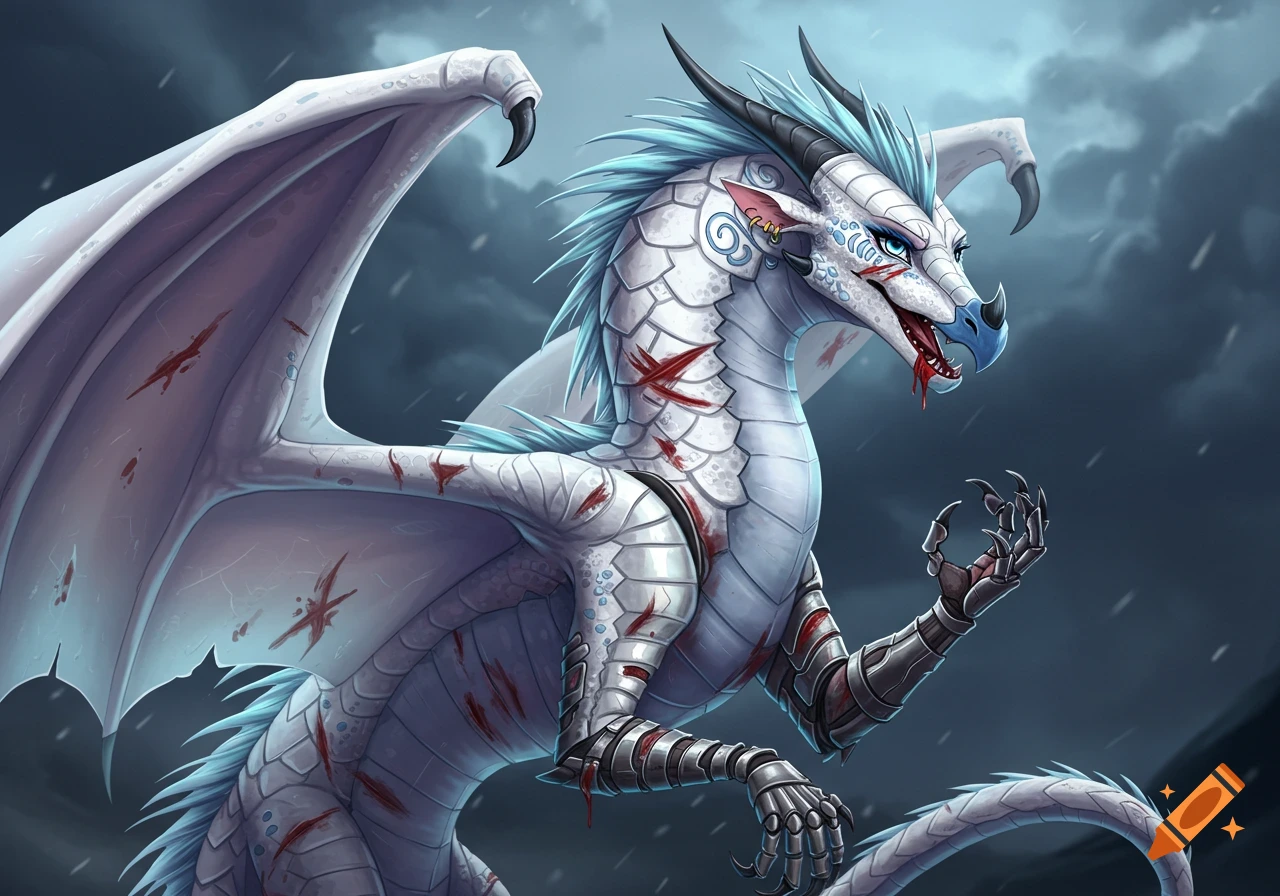 A white and light blue dragon with scars and a prosthetic arm looks up at a stormy sky.