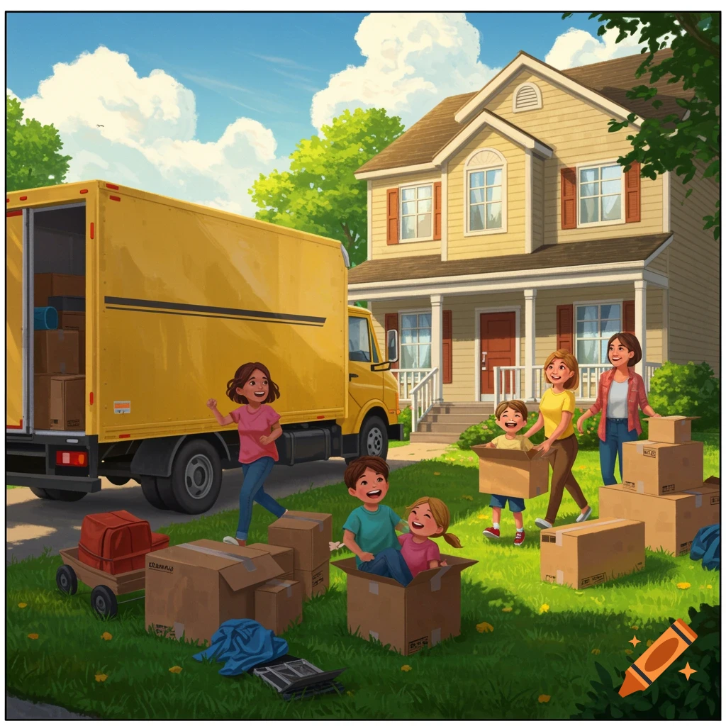 A family is shown moving boxes into a suburban house, with a large yellow moving truck parked outside.