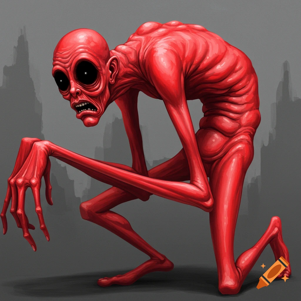 A red, skinny, creature with black eyes kneels against a grey background.