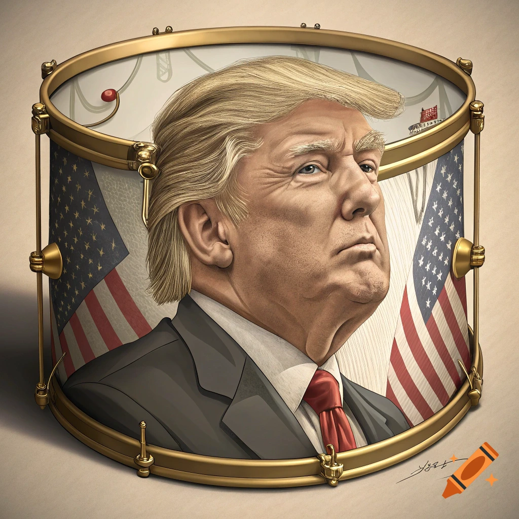 Illustration of Donald Trump's head on the head of a drum, with American flags on the sides.