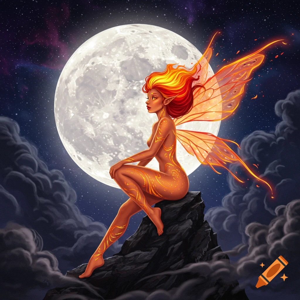 A fire fairy sits on a rock under a full moon.