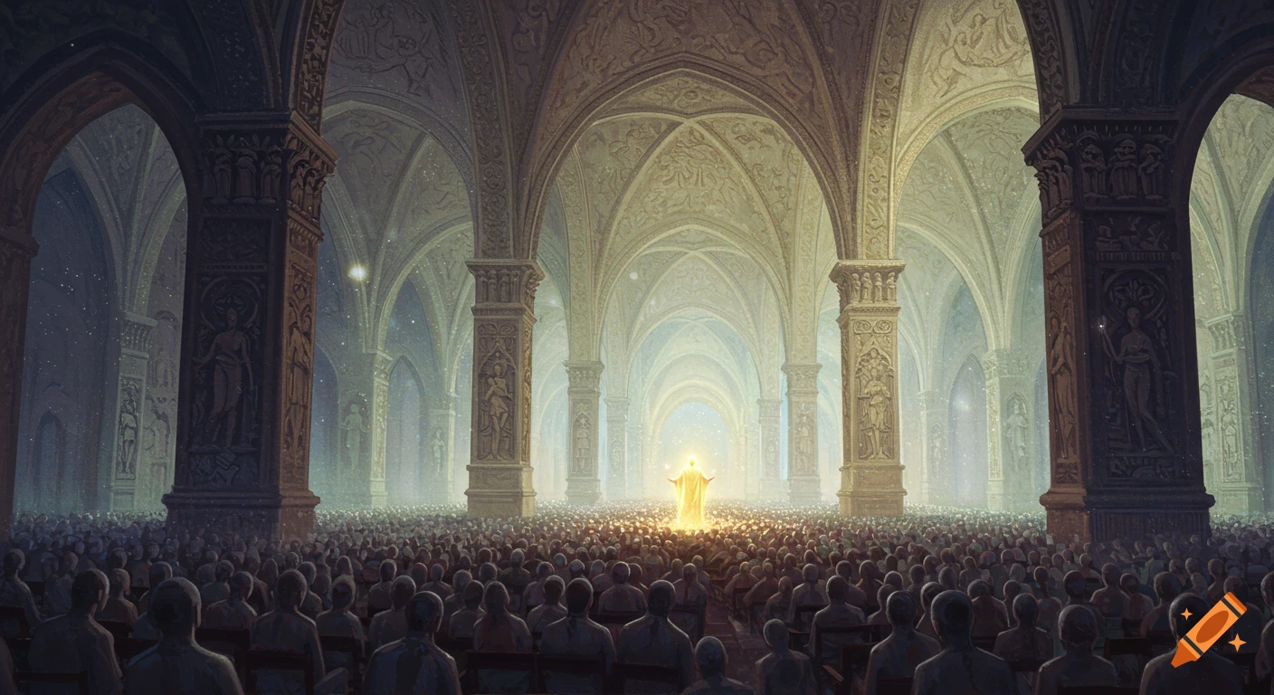 A glowing figure stands before a large crowd in a vast, intricately carved grand hall.