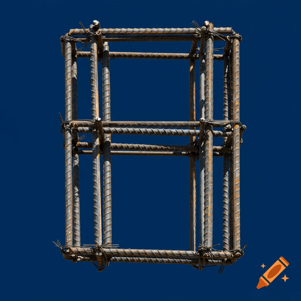 Steel rebar structure in the shape of an H against a blue background.
