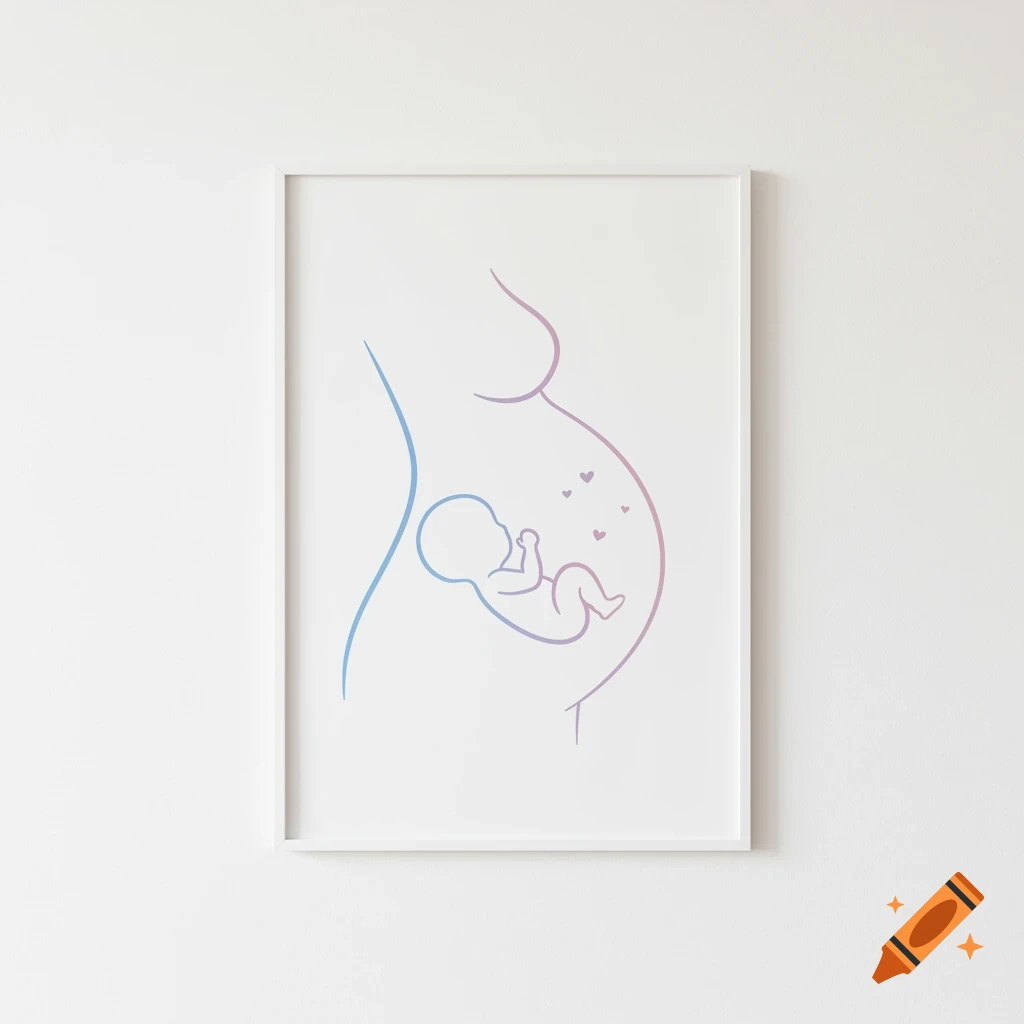 Minimalist line drawing of a pregnant belly with a baby inside, pastel gradient colors, framed on white wall.