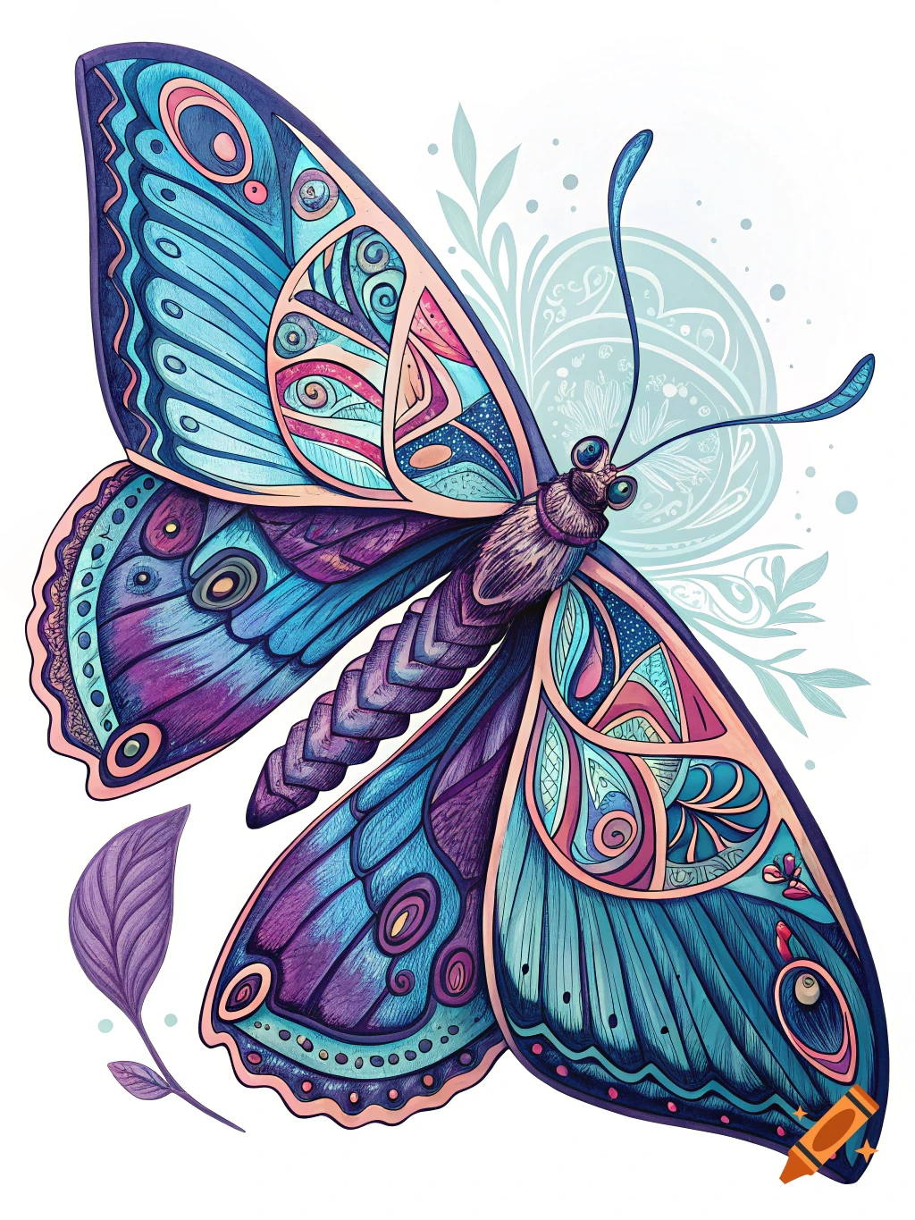Stylized blue and purple butterfly with decorative patterns
