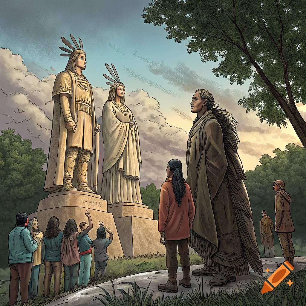Illustration of people viewing large statues of a man and woman, historical figures implied.
