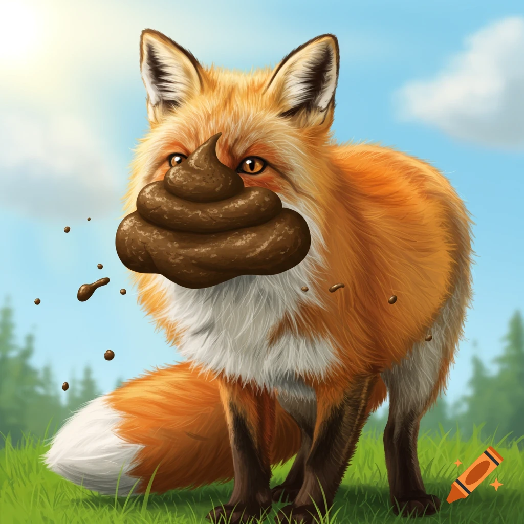 A fox with a large pile of feces covering its face, standing in a field.