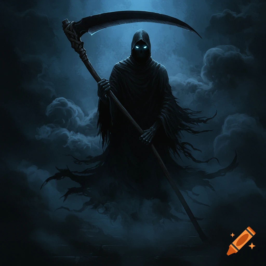 A shadowy figure with glowing eyes holds a large scythe amidst dark clouds.
