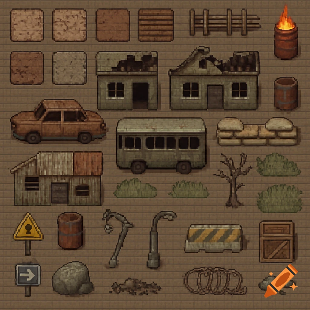 Pixel art sprite sheet of post-apocalyptic game assets including buildings, vehicles, signs, and debris.