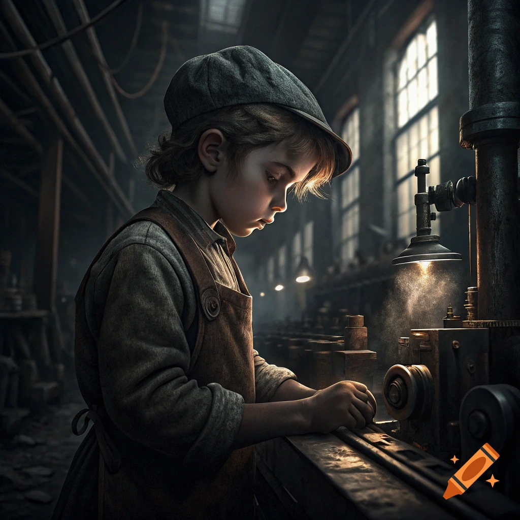 A child in a cap and apron works at machinery in a dimly lit factory.