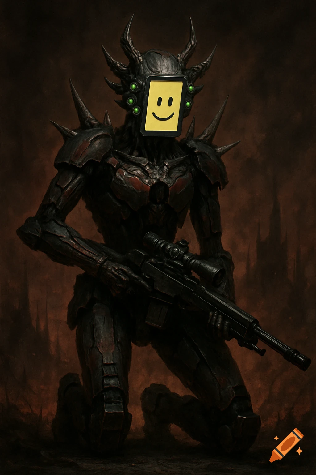 Dark armored creature with a smiley face screen for a face and glowing eyes holds a rifle in a grim, stylized setting.