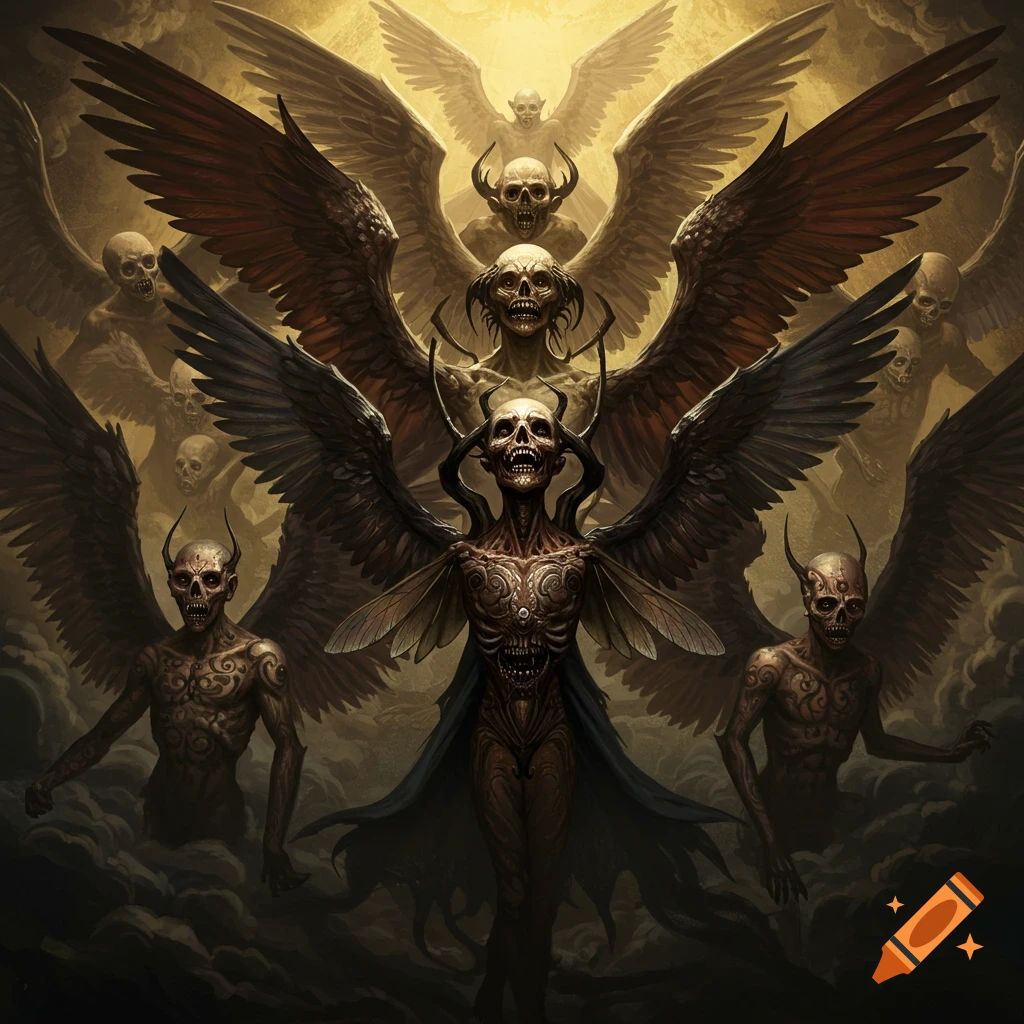 Image of demonic-looking winged figures among clouds.