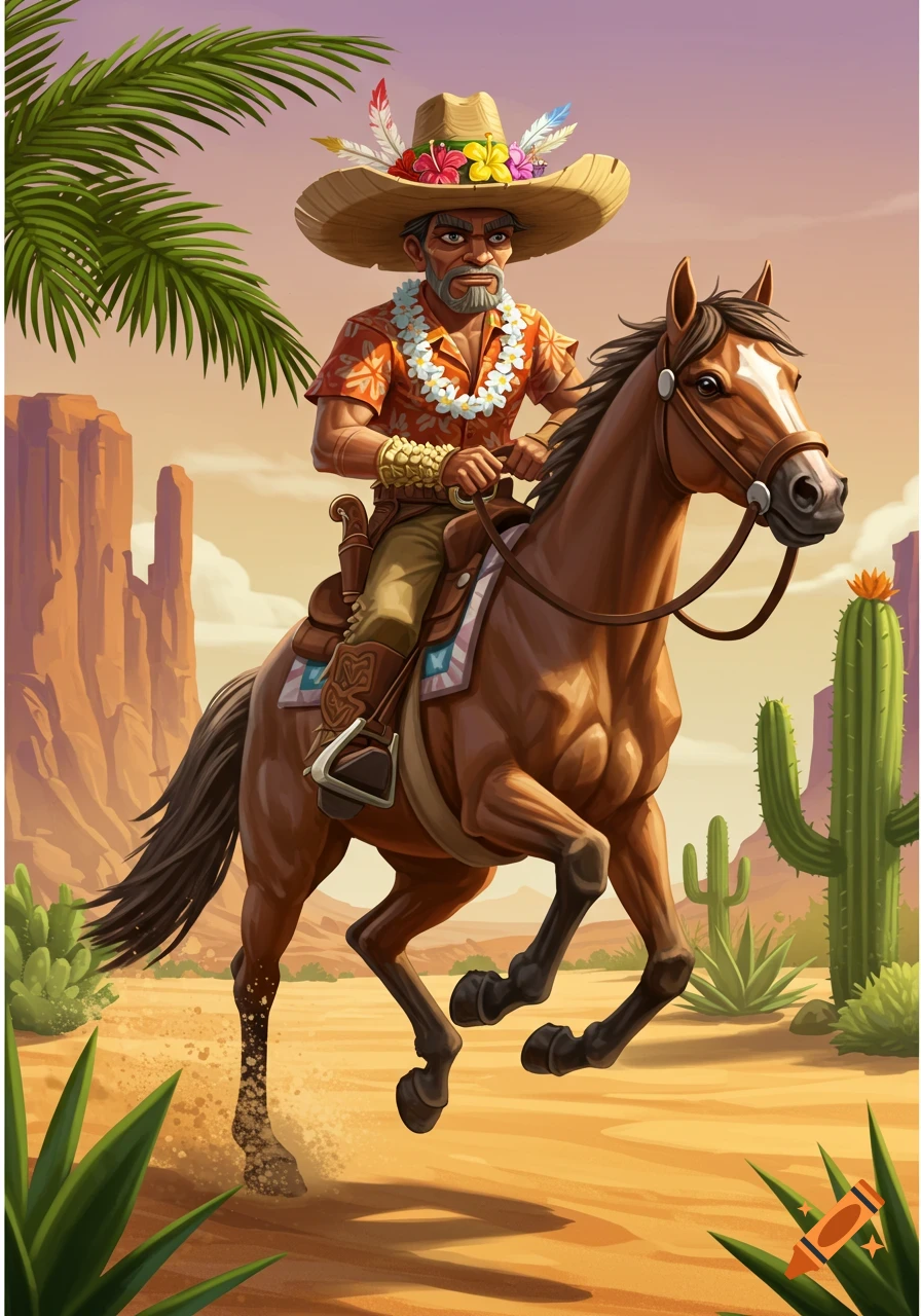 A person in a tiki hat and shirt is riding a horse through a desert.
