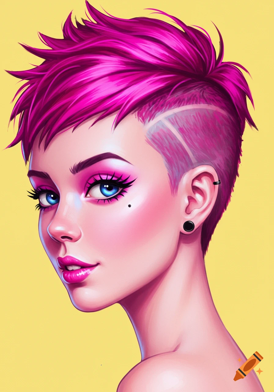 A woman with pink pixie cut, shaved sides, and bright blue eyes.