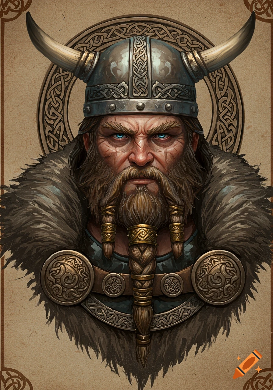 A close-up of a serious Viking chief with a horned helmet, braided beard, and fur cloak.