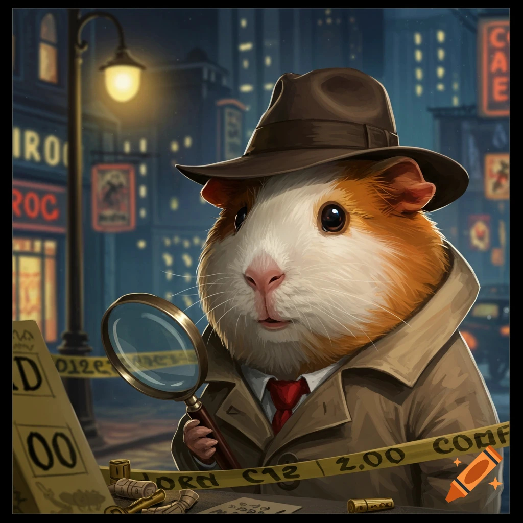 A guinea pig detective holding a magnifying glass at a crime scene