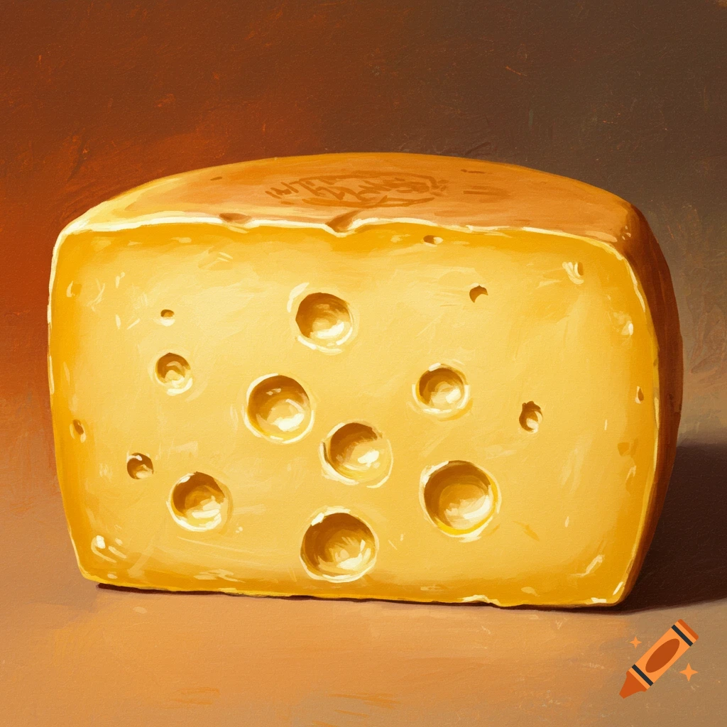 A block of yellow cheese with holes.