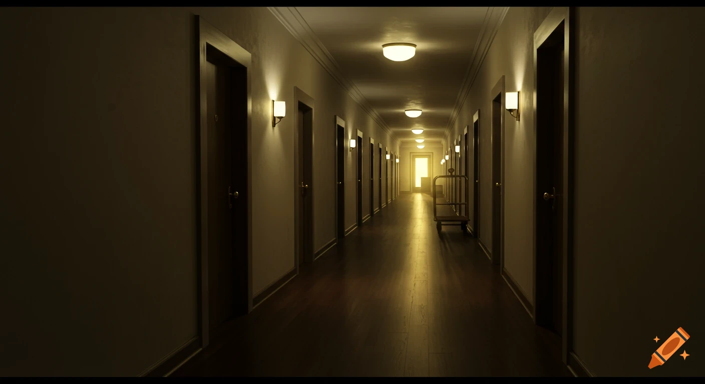 A long, dimly lit hotel hallway with rows of doors, wall sconces, and ceiling lights, leading to a bright light at the far end. A luggage cart is on the right.