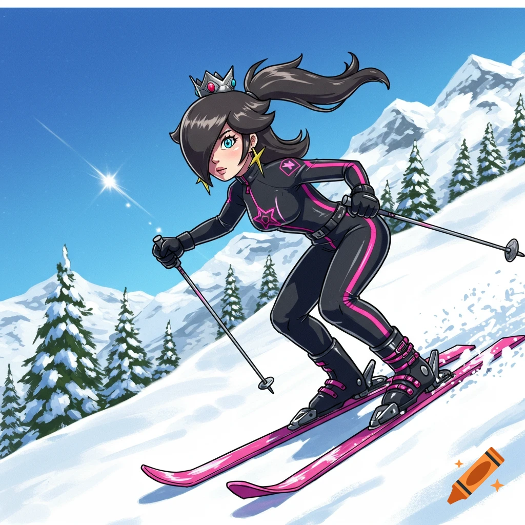 Princess Rosalina in a black suit skiing down a snowy mountain.