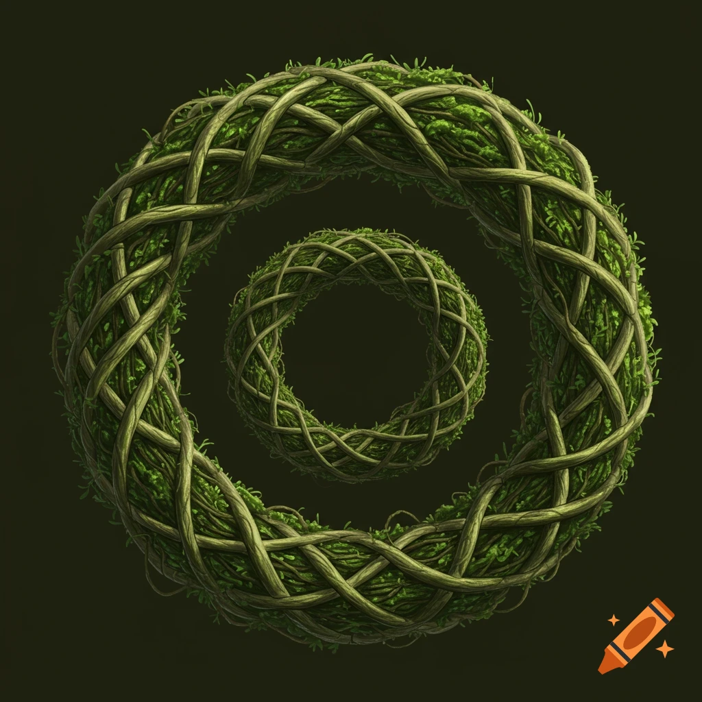 Concentric rings woven from vines and leaves.