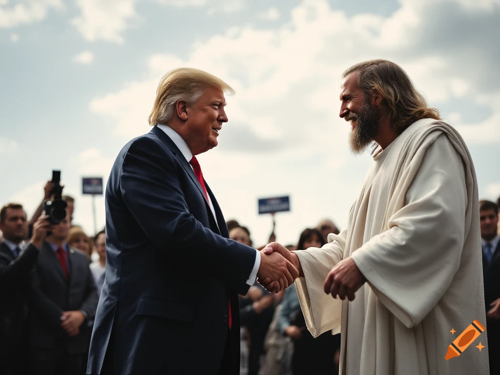 Donald Trump shaking hands with Jesus Christ at a campaign event
