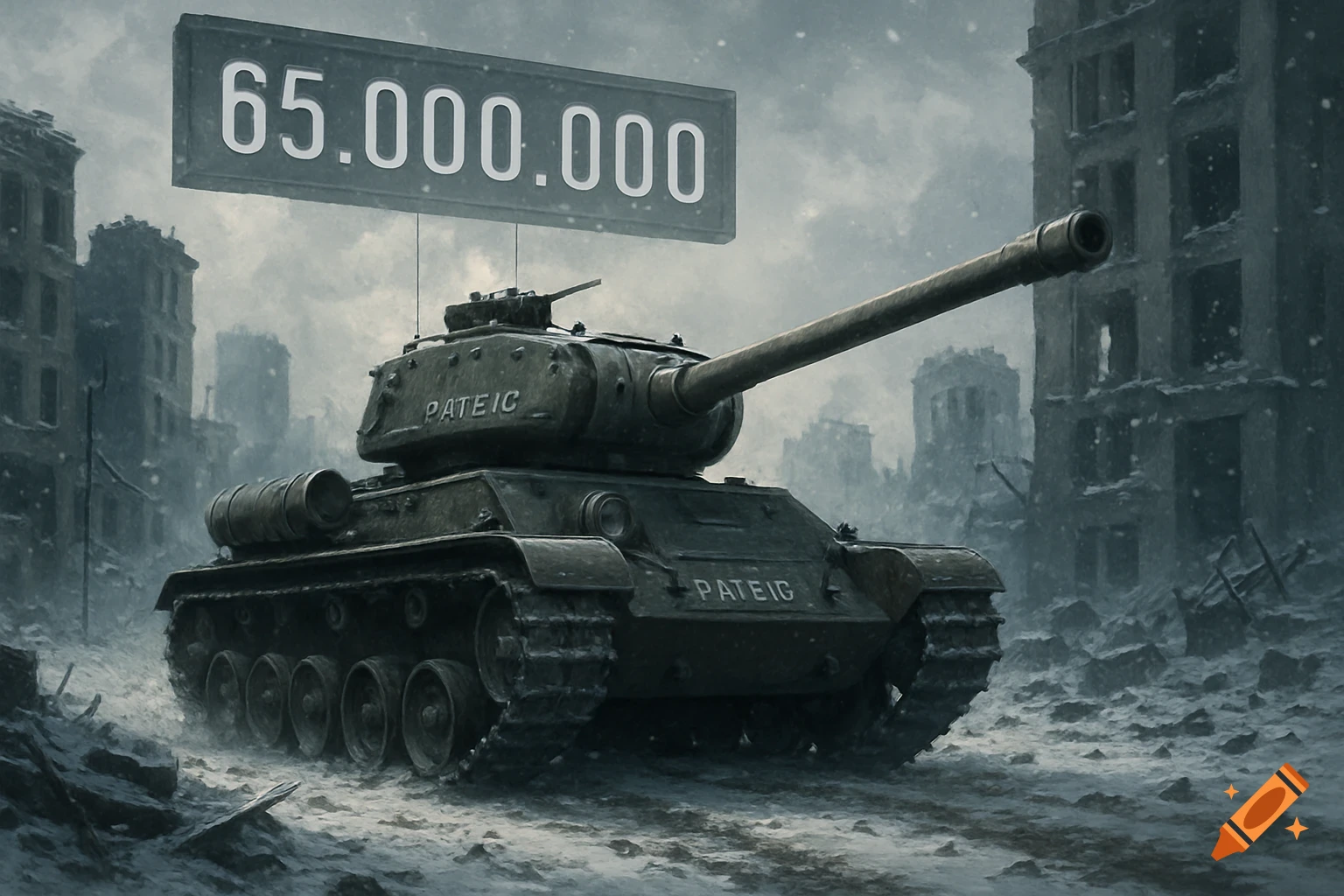 A tank named Pateig in a ruined winter city, with a counter showing 65.000.000 in the sky.