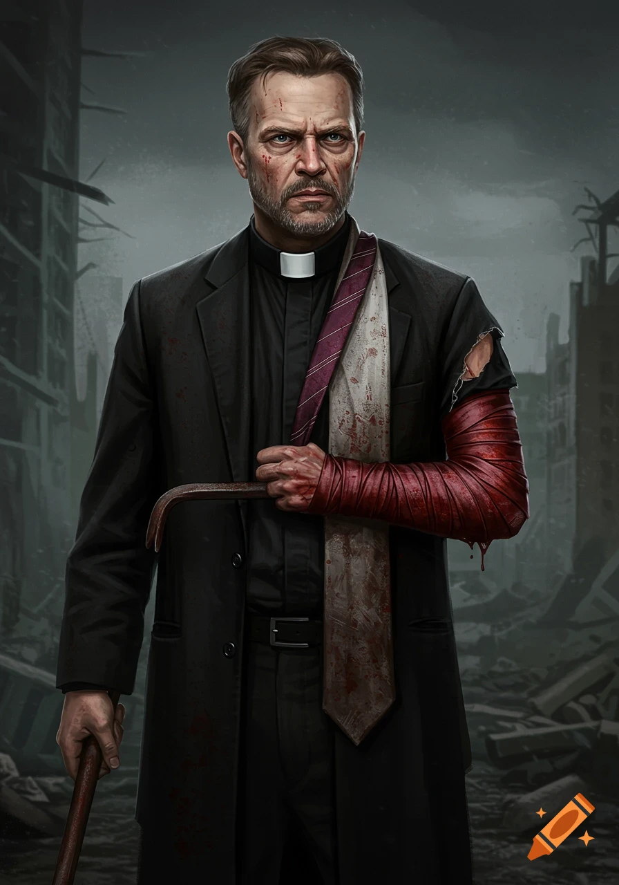 A rugged pastor survivor with a bloodied arm in a ruined city.