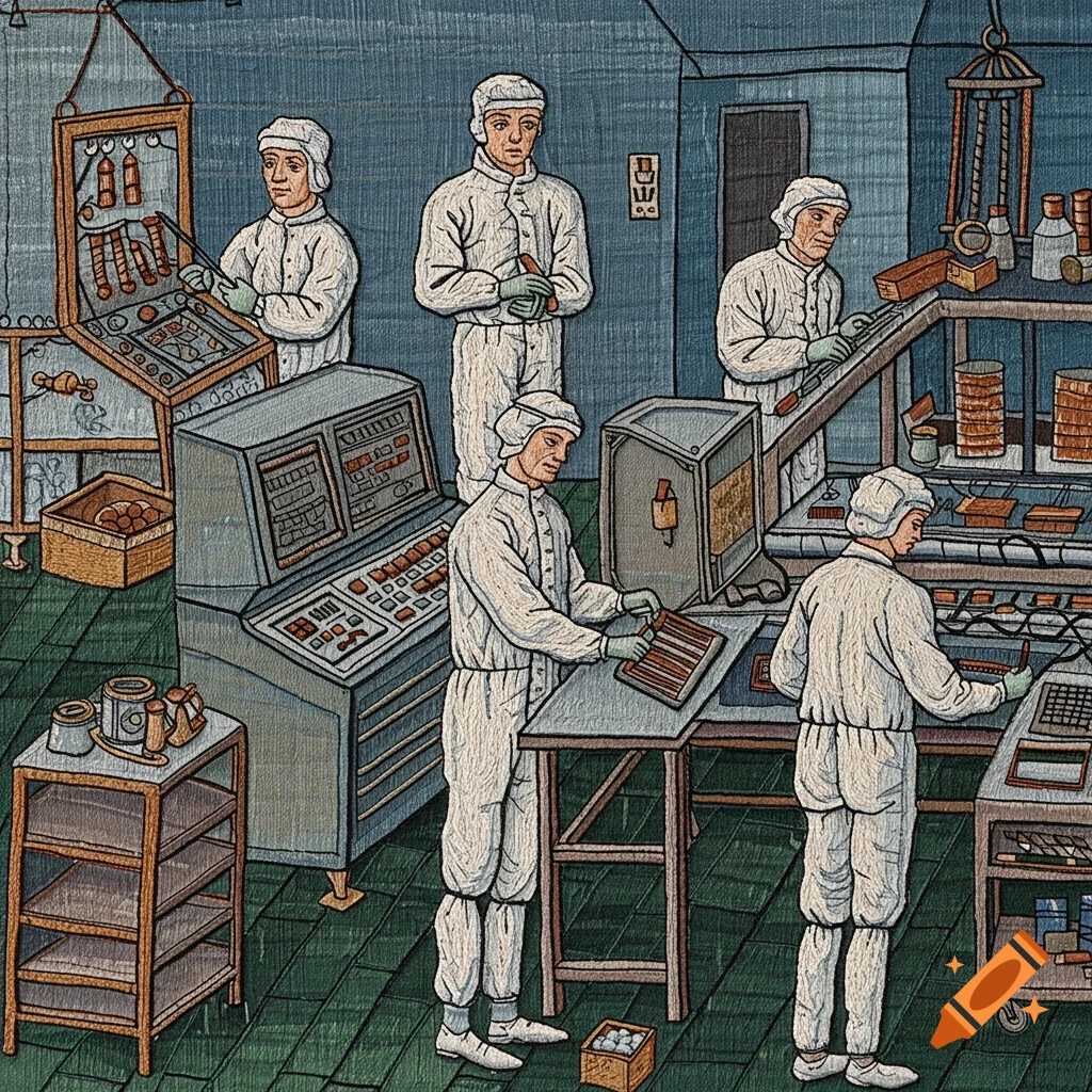 Workers in a cleanroom operating machinery, depicted in the style of the Bayeux Tapestry.