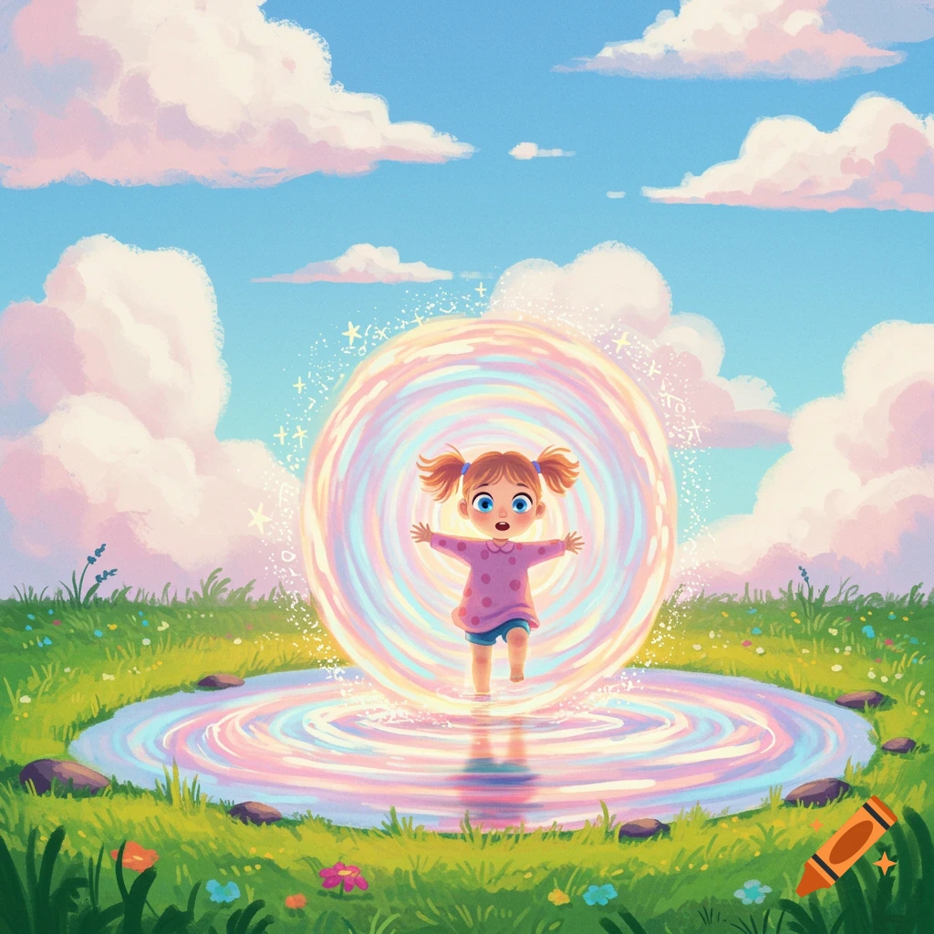 A young girl stepping into a shimmering, rainbow portal puddle in a field.