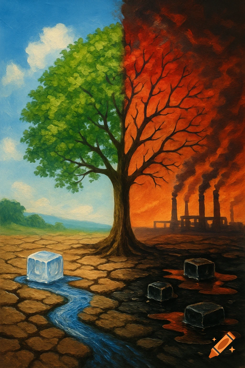 Painting of a tree split between a green, lush side with melting ice and a red, scorched side with factories spewing smoke.
