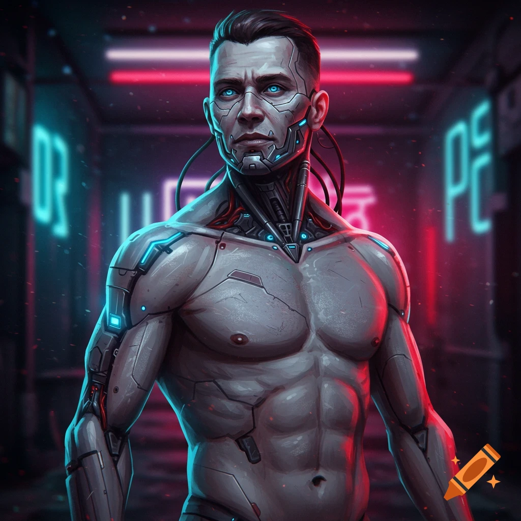 A muscular cyborg man with glowing blue eyes and cybernetic implants in a dark, neon-lit futuristic hallway.