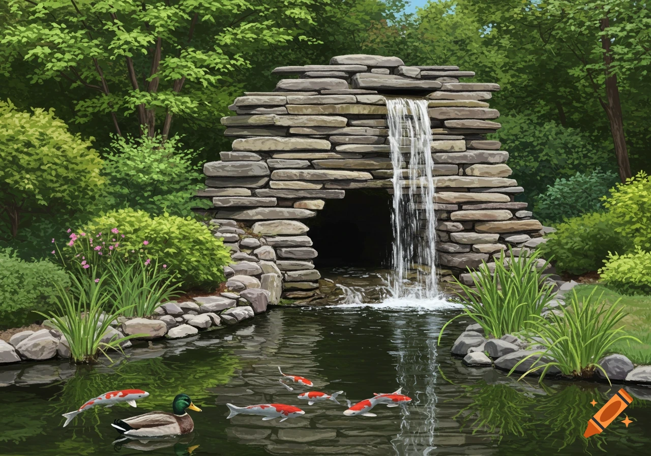 A koi pond with a stone waterfall, duck, and koi fish.