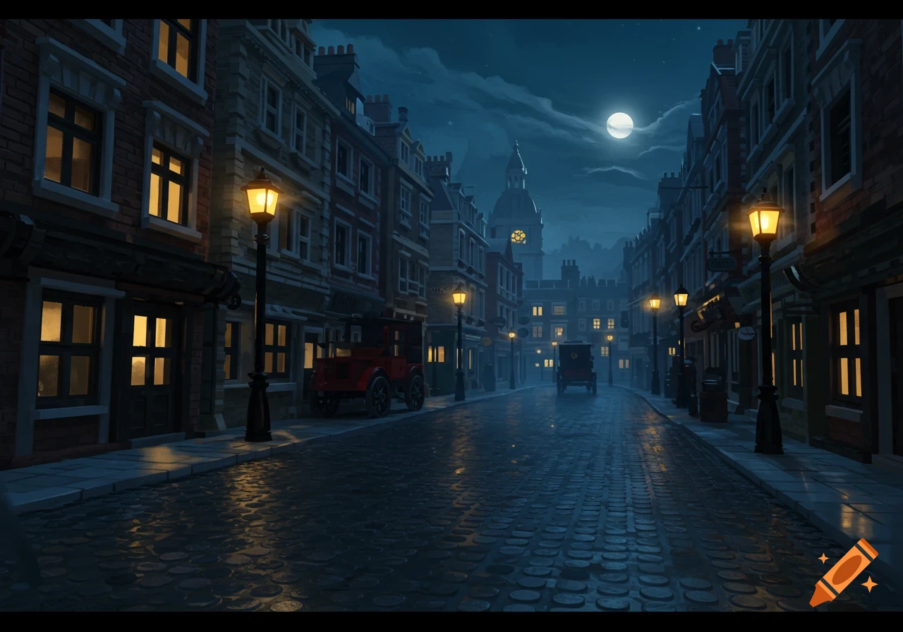 Victorian London street at night with gas lamps, cobblestones, classic cars, and illuminated windows under a full moon.