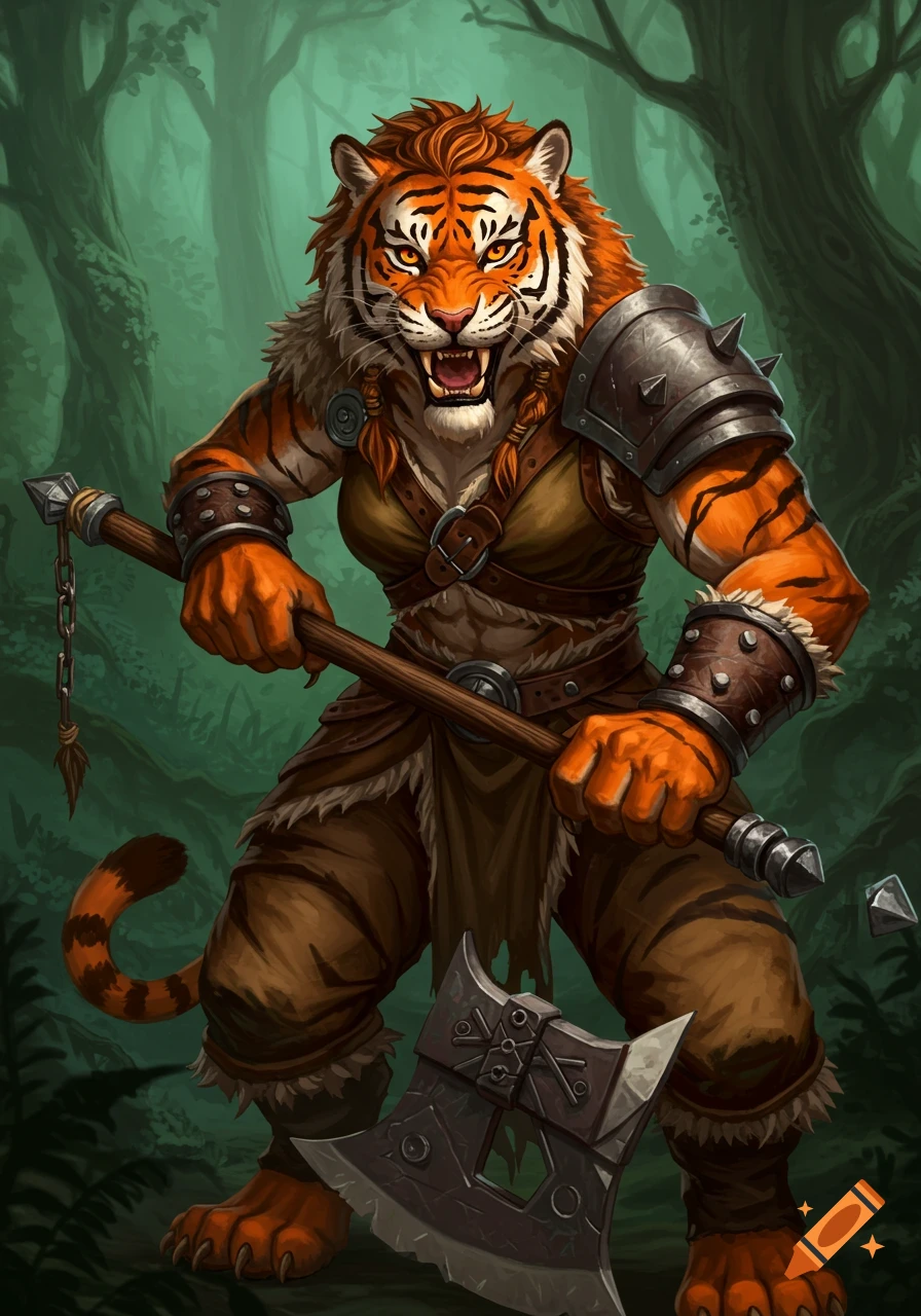 An anthropomorphic female tiger barbarian warrior holding weapons in a forest.