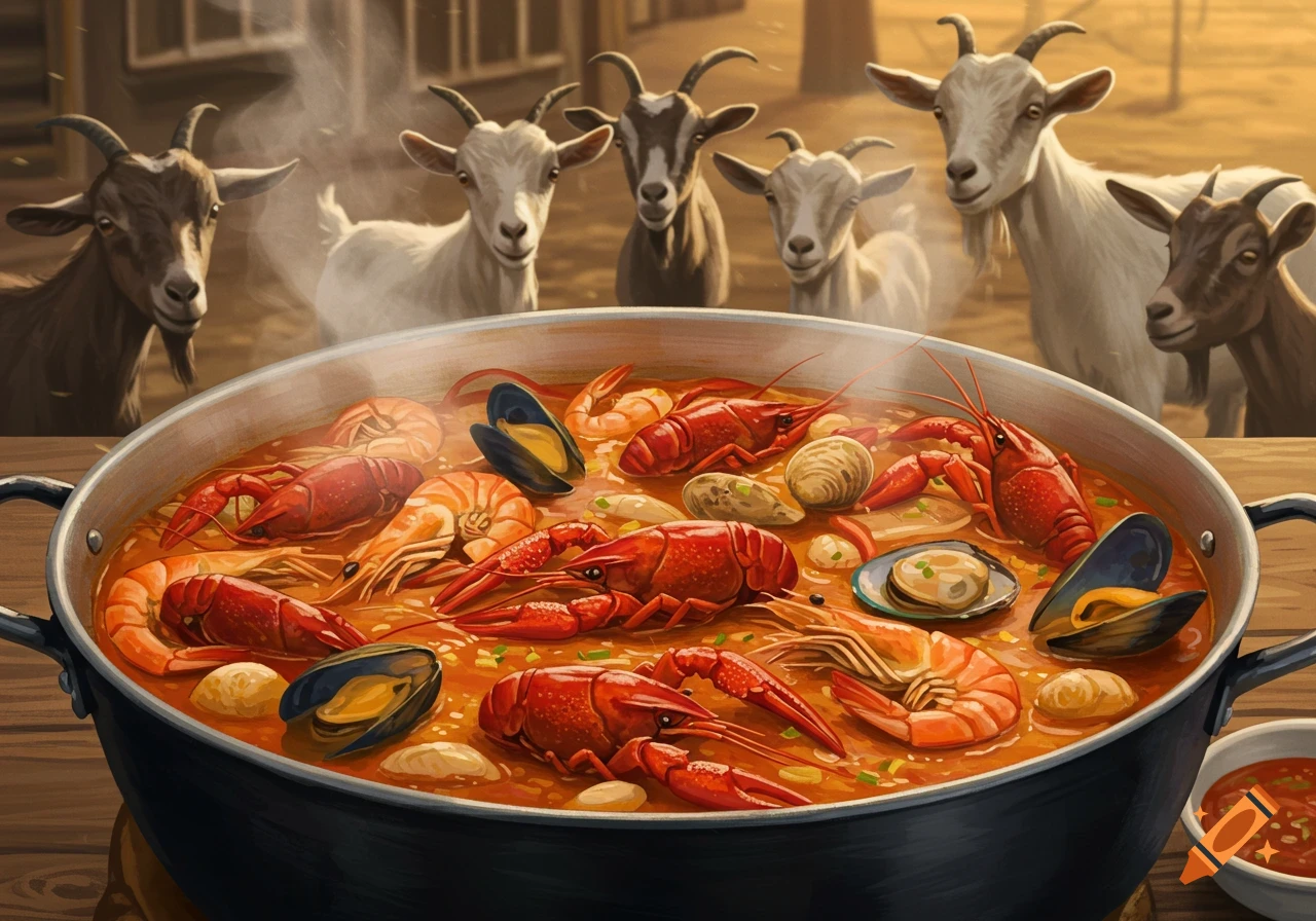 A seafood boil with mussels, shrimp, and crawfish, with several goats watching from the background.