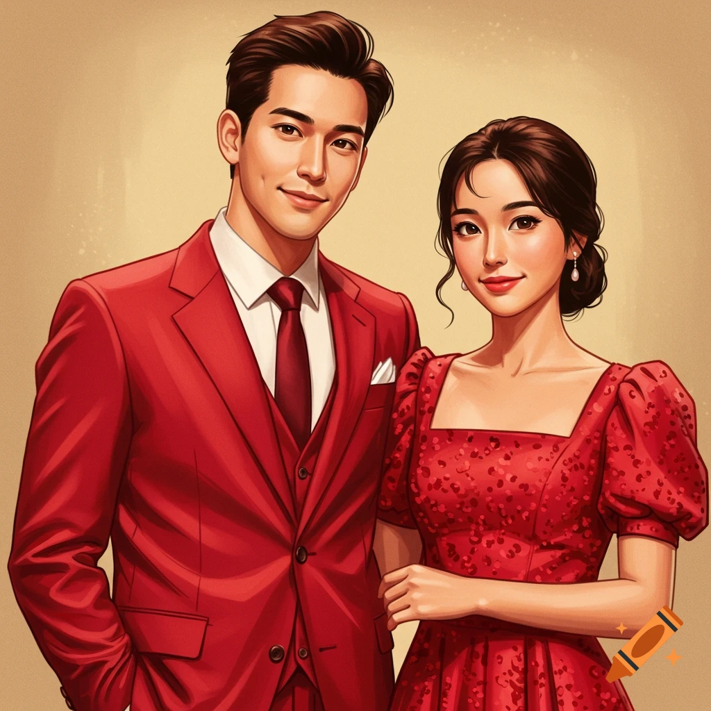 A smiling couple in red formal wear.