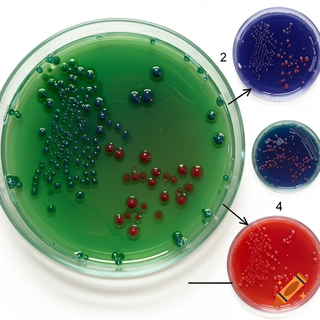 A large green petri dish with red and blue colonies, with arrows pointing to three smaller petri dishes showing blue, green, and red colonies.