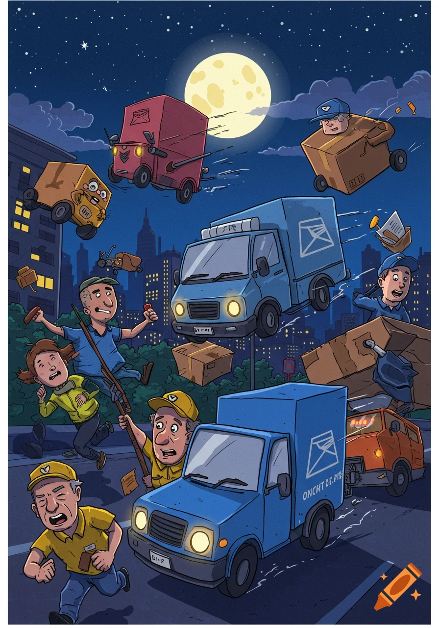 A chaotic cartoon illustration of delivery trucks and drivers flying and dropping packages over a city street at night.