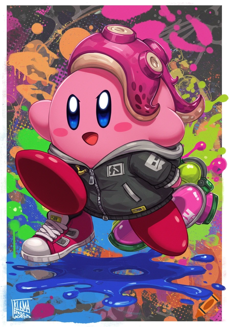 Kirby wearing an Octoling outfit from Splatoon, running through colorful paint splatters.