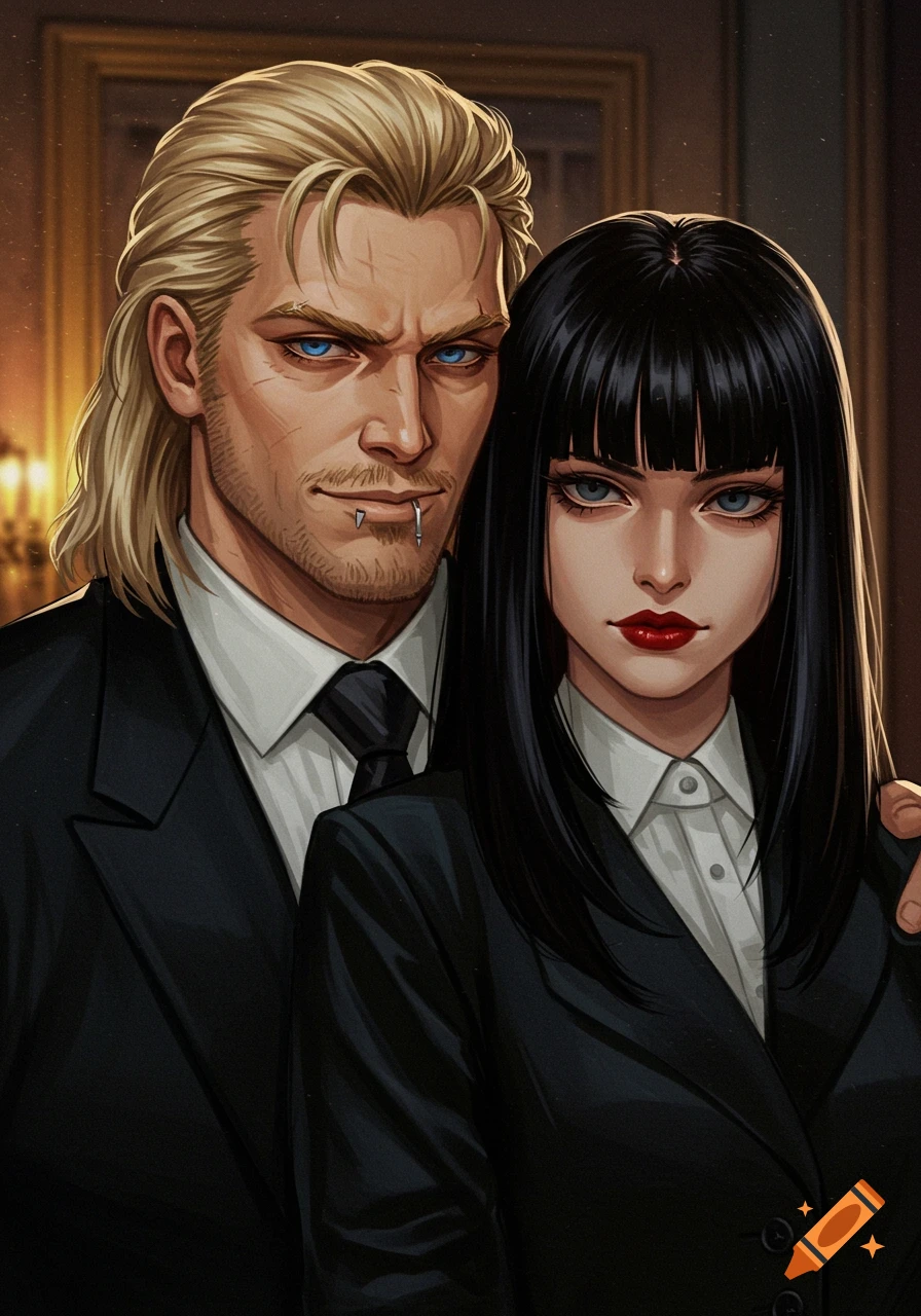 A man with blond hair and a woman with black hair in black suits.