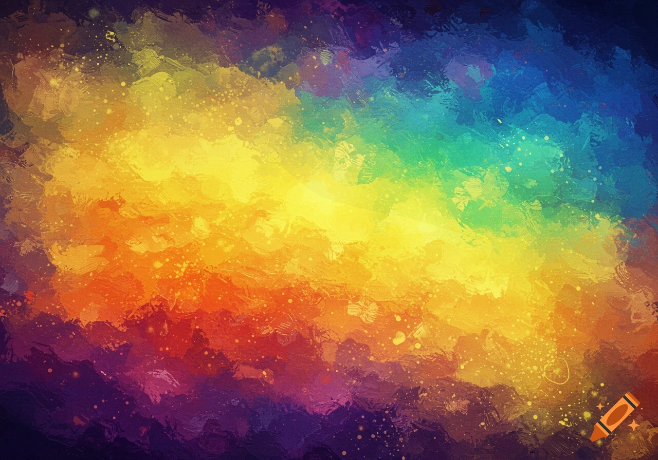 Abstract image with horizontal colorful brushstrokes ranging from dark purple to blue, yellow, orange, and red, with scattered speckles