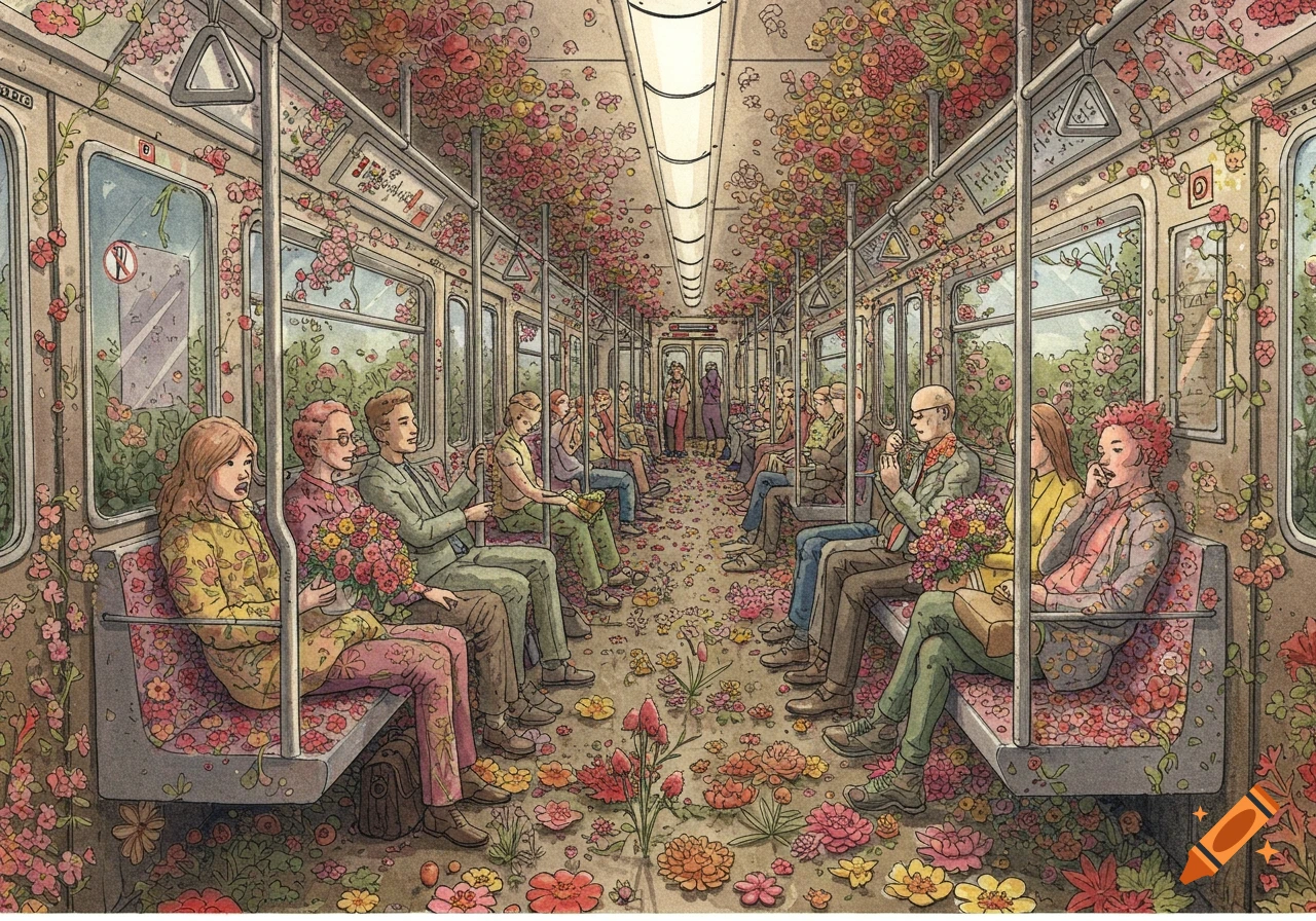 Illustration of people sitting in a subway car overgrown with flowers.