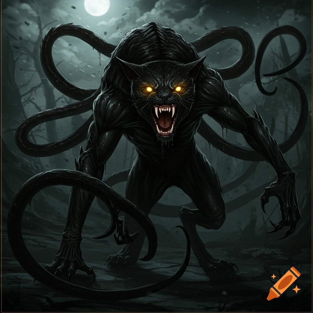 A black monstrous cat-like creature with multiple tails and glowing yellow eyes in a dark forest at night.