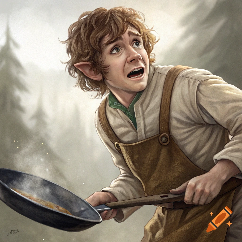 A frightened hobbit-like character in an apron holds a frying pan, looking up in a forest.