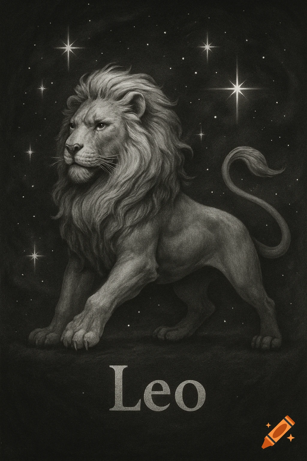 Greyscale drawing of a lion standing under stars with the word "Leo" below it.