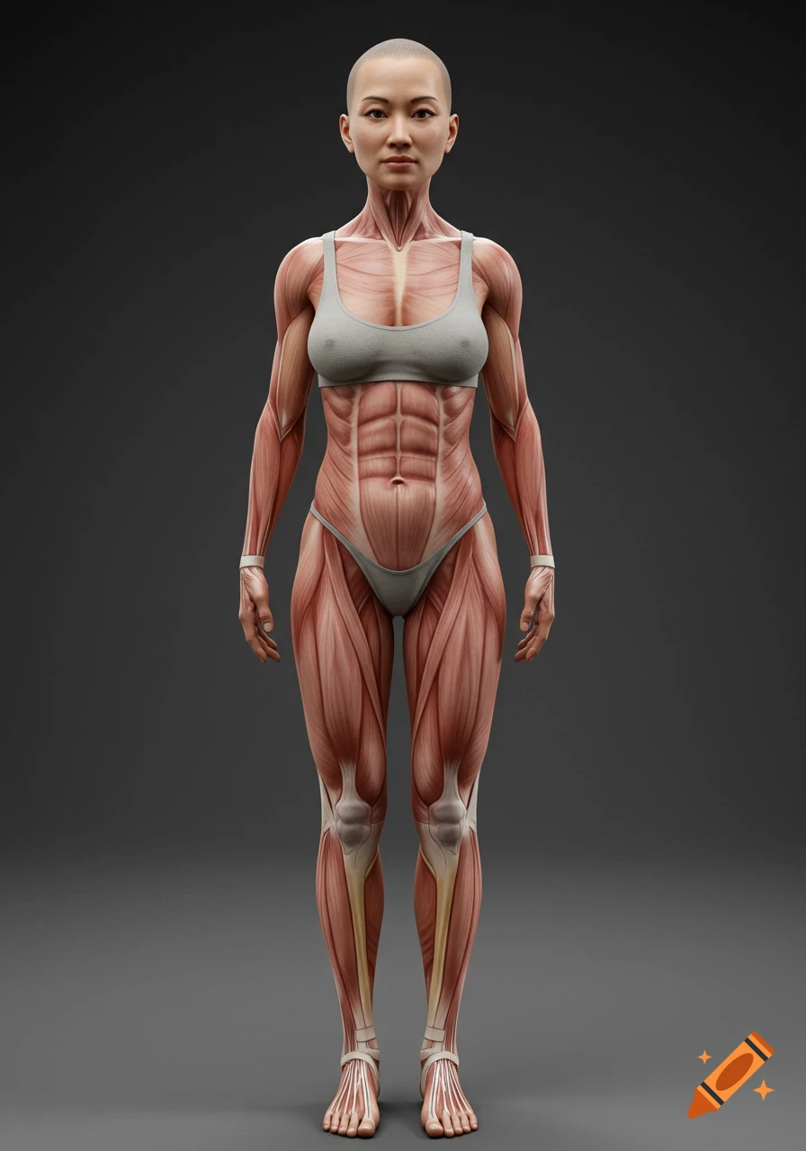 Realistic full-body anatomical depiction of a muscular woman in minimal clothing on a grey background.