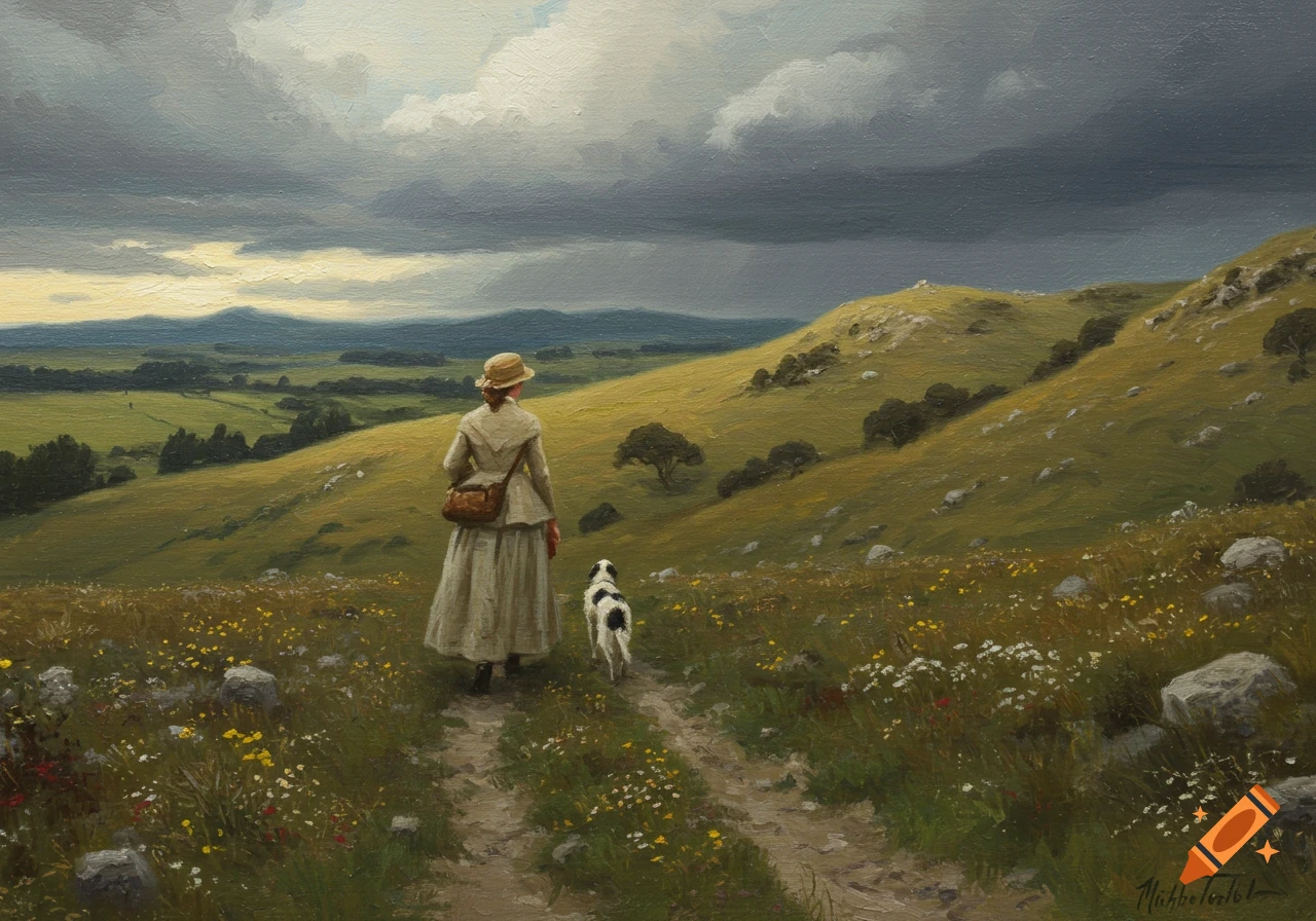 Woman in historic clothing walks with a dog down a path in a stormy, hilly landscape oil painting.