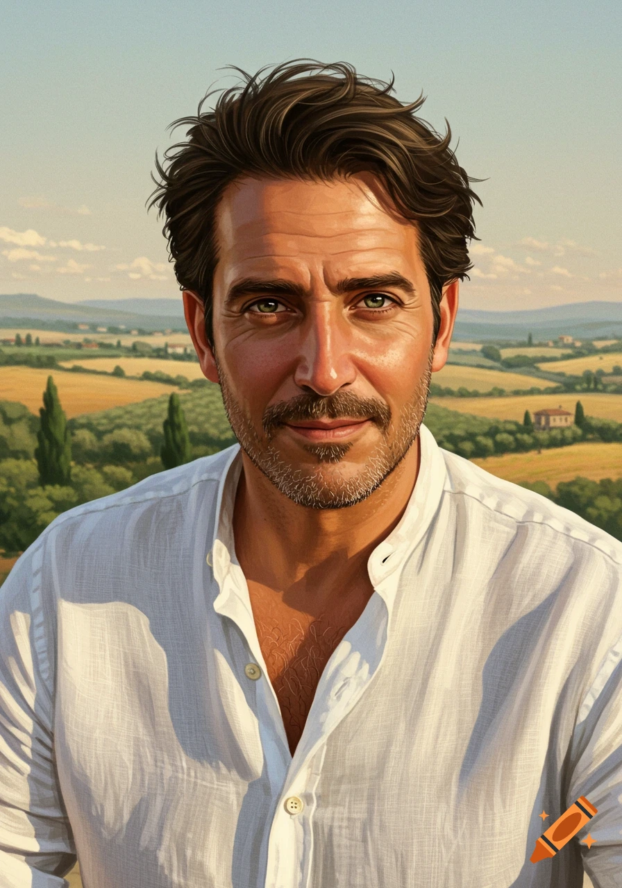 Portrait of a man in a white shirt overlooking an Italian landscape.