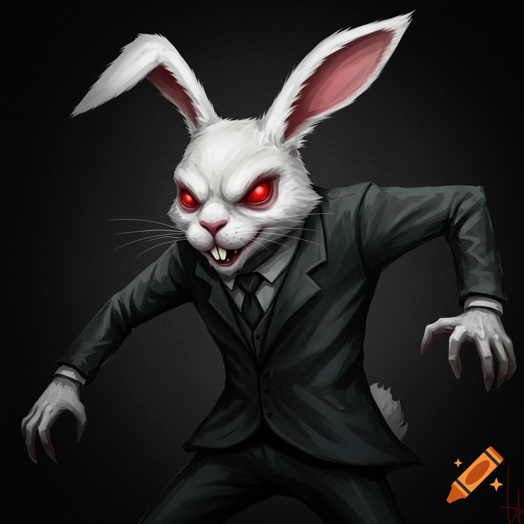 Scary white rabbit in a dark suit