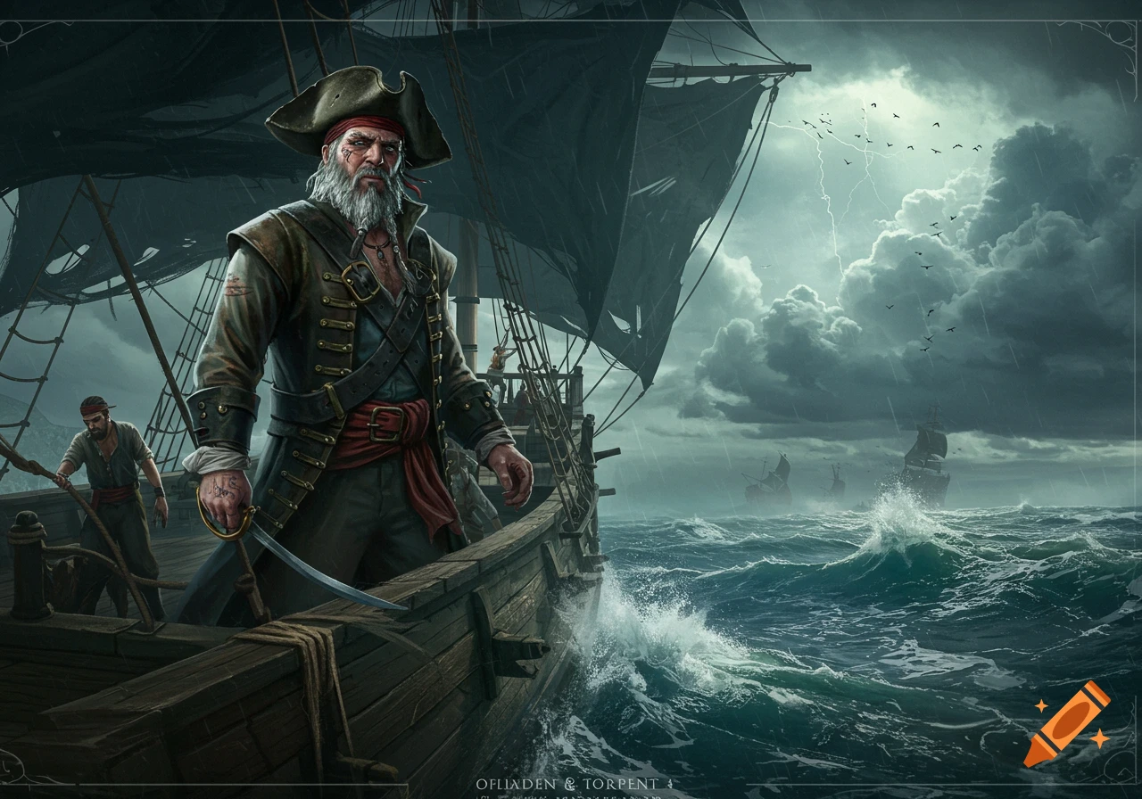 A pirate captain stands on the deck of a ship during a storm, with other ships visible in the distance.